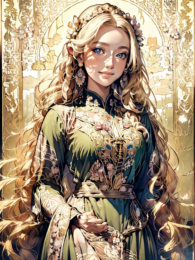 Forest Fairy、The wind and petals fly from my scooping hands.、woman、smile、Long ears、Floral Dress、Race、Gorgeous Accessories、in the forest、wood々The sunlight shines in、Close up of upper body from below、delicate、colorful、