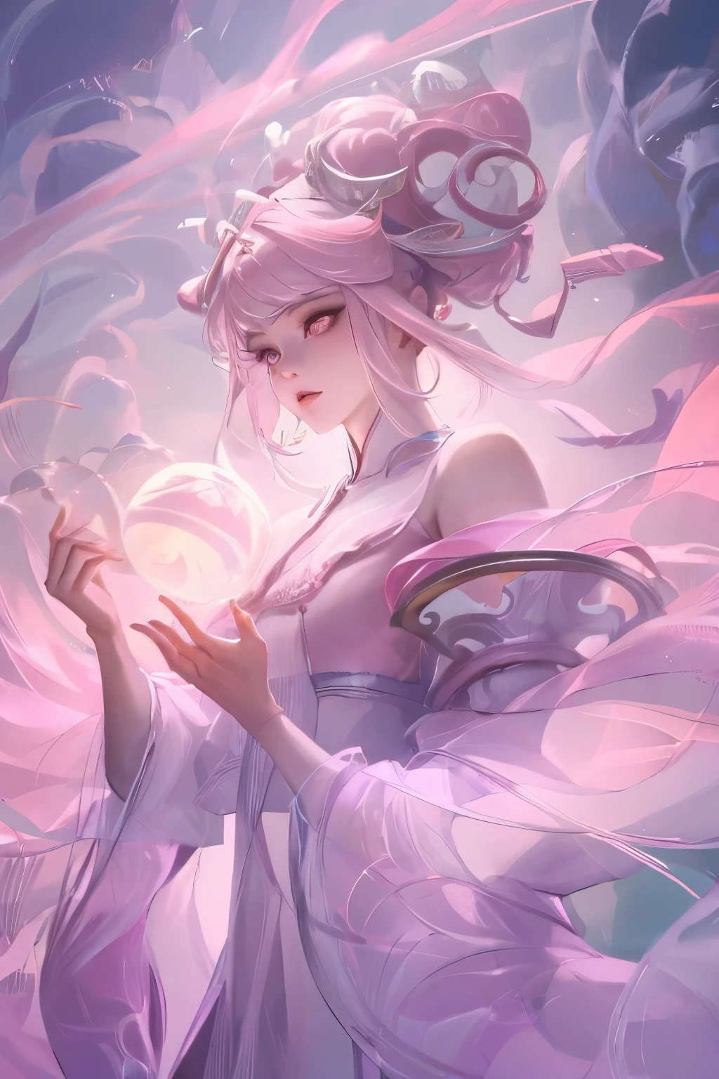 masterpiece, best quality, seaside, banquet, 1 female, Mature woman, elegant, Chinese, China, elder sister, Royal elder sister, Happy, Ball head, Light brown hair, Pink Eyes, Gorgeous headdress, Light pink lips, Pink clothes, Yarn Clothing, Intellectuals, Full bangs, Straight bangs, Flower Balls, Delicate face,Hair Bun