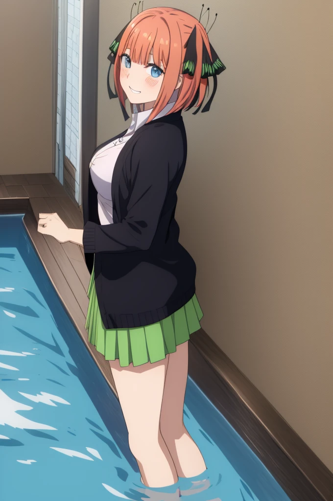 go-toubun no hanayome,nakano nino, pink hair,bangs black_cardigan,black_ribbon,blue_eyes,blunt_bangs,blush,breasts,butterfly_hair_ornament,button_gap,cardigan,green skirt,sketch,1girl,grin, looking back, very short hair, underwear, the pool is so clean that you can see the tiles and steps under it,gotoubun no hanayome, nino nakano, pink hair, blue eyes, big breasts