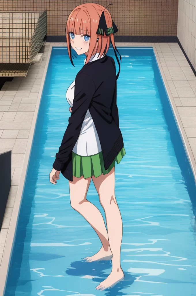 go-toubun no hanayome,nakano nino, pink hair,bangs black_cardigan,black_ribbon,blue_eyes,blunt_bangs,blush,breasts,butterfly_hair_ornament,button_gap,cardigan,green skirt,sketch,1girl,grin, looking back, very short hair, underwear, the pool is so clean that you can see the tiles and steps under it,gotoubun no hanayome, nino nakano, pink hair, blue eyes, big breasts