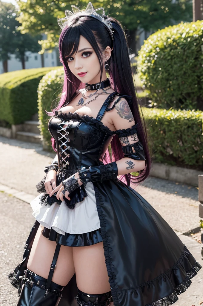 sexy stylish female model, only 1 female, ((doll-like appearance)), long dramatic stylish hair, ((shiny Punk-Style boots)), (smiling face), ultra detailed eyes, long lashes, eyeliner, ultra detailed eye-shadow, lip-gloss, ((sexy Punk Lolita cosplay)), unconventional skirt, petticoats, high neckline, ((ultra detailed lace)), ((ultra detailed embroidery)), intricate details, tartan patterns, Punk Lolita accessoires, Punk Lolita choker, ((large sparkling Punk Lolita jewelry)), cinematic light, detailed large park background with trees