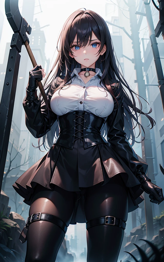 Masterpiece, Beautiful art, professional artist, 8k, art style by sciamano240, Very detailed face, Detailed clothing, detailed fabric, 1 girl, perfectly drawn body, fighting pose, beautiful face, long hair, blue eyes, very detailed eyes, pink cheeks, shy expression, choker:1.6, (long sleeve white collar buttoned shirt), black gloves, gloves covering hands, (holding an ax in the right hand), (black leather corset), (shiny black leggings), sensual lips , evening de invierno, show details in the eyes, view from front, looking at the viewer, dark path, dark forest, evening, Atmosphere, fog