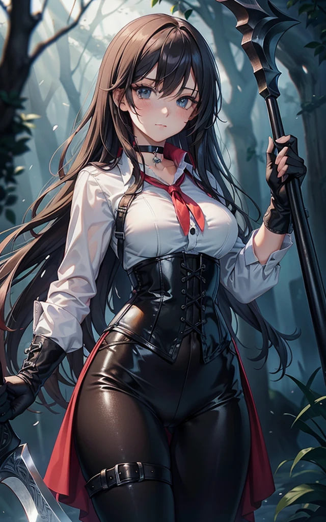 Masterpiece, Beautiful art, professional artist, 8k, art style by sciamano240, Very detailed face, Detailed clothing, detailed fabric, 1 girl, perfectly drawn body, fighting pose, beautiful face, long hair, blue eyes, very detailed eyes, pink cheeks, shy expression, choker:1.6, (long sleeve white collar buttoned shirt), black gloves, gloves covering hands, (holding an ax in the right hand), (black leather corset), (shiny black leggings), sensual lips ,  evening de invierno, show details in the eyes, view from front, looking at the viewer, dark path, dark forest, evening, Atmosphere, fog