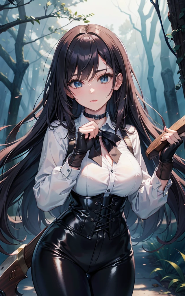 Masterpiece, Beautiful art, professional artist, 8k, art style by sciamano240, Very detailed face, Detailed clothing, detailed fabric, 1 girl, perfectly drawn body, fighting pose, beautiful face, long hair, blue eyes, very detailed eyes, pink cheeks, shy expression, choker:1.6, (long sleeve white collar buttoned shirt), black gloves, gloves covering hands, (holding an ax in the right hand), (black leather corset), (shiny black leggings), sensual lips ,  evening de invierno, show details in the eyes, view from front, looking at the viewer, dark path, dark forest, evening, Atmosphere, fog