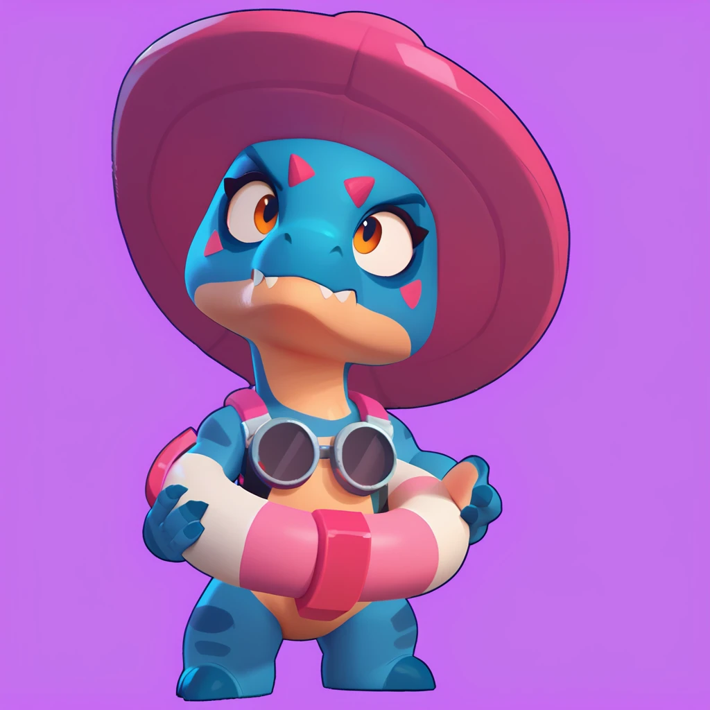 full view of a dinosaur, female, dark blue skin, friendly dinosaur, having a pink and white buoy, dinosaur animal, brawl, brawl stars