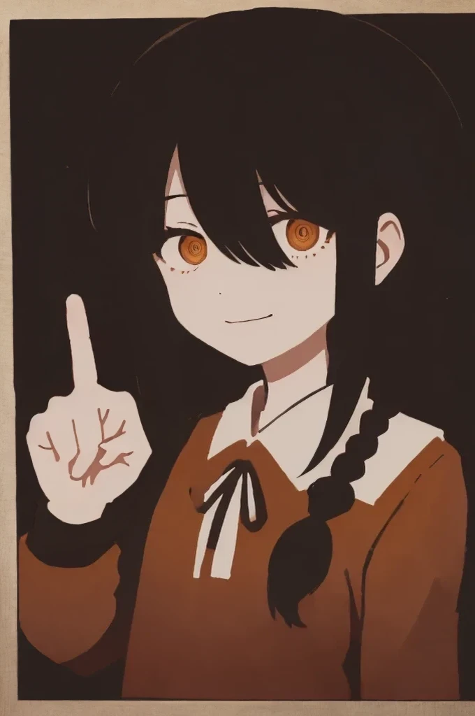 1 girl, solo, Nayuta (chainsaw man), black hair, x hair ornament, long hair, hair ornament, orange eyes, looking at viewer, long sleeves, dress, uniform, smile, ribbon hair, closed mouth, black shirt, hair between the eyes, traditional media, (pointing the middle finger)