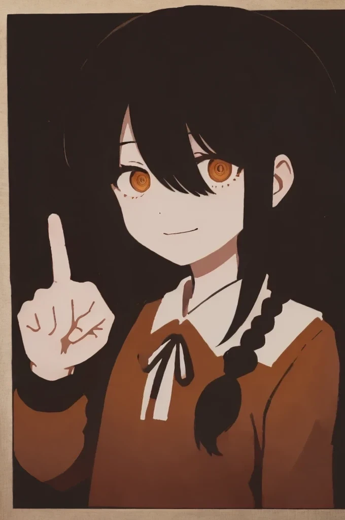 1 girl, solo, Nayuta (chainsaw man), black hair, x hair ornament, long hair, hair ornament, orange eyes, looking at viewer, long sleeves, dress, uniform, smile, ribbon hair, closed mouth, black shirt, hair between the eyes, traditional media, (pointing the middle finger)