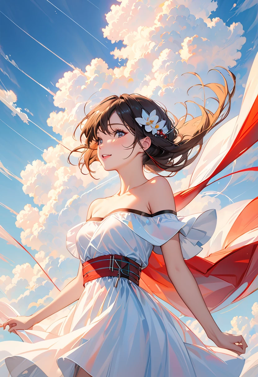 masterpiece, best quality, Stills, 1 girl, floating in the air, cloud girl, cloud, (close up), bright, Happy, pleasure, Soft Light, (Bauhaus, shape, metal wire, Abstract:1.1),Off-shoulder,Strapless,Skinny sexy top