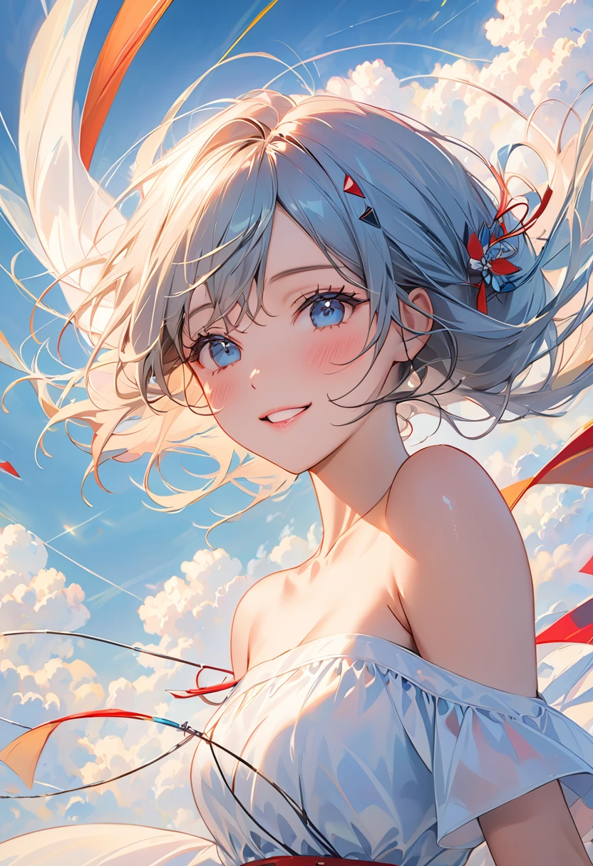 masterpiece, best quality, Stills, 1 girl, floating in the air, cloud girl, cloud, (close up), bright, Happy, pleasure, Soft Light, (Bauhaus, shape, metal wire, Abstract:1.1),Off-shoulder,Strapless,Skinny sexy top