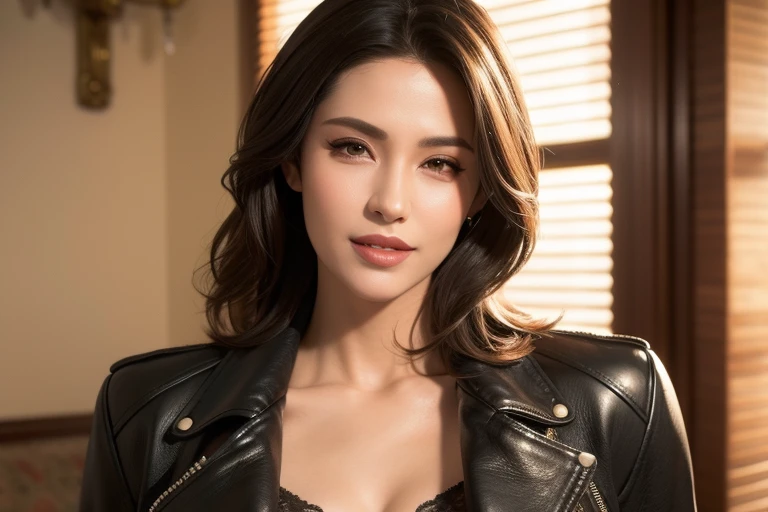 A gorgeous busty woman, beautiful detailed eyes, beautiful detailed lips, extremely detailed face, long eyelashes, leather jacket, lady bikers, beautiful detailed smile, beautiful detailed teeth, POV, lover, cinematic dramatic lighting, (best quality,4k,8k,highres,masterpiece:1.2),ultra-detailed,(realistic,photorealistic,photo-realistic:1.37),HDR,UHD,studio lighting,ultra-fine painting,sharp focus,physically-based rendering,extreme detail description,professional,vivid colors,bokeh,portrait,photorealistic,cinematic