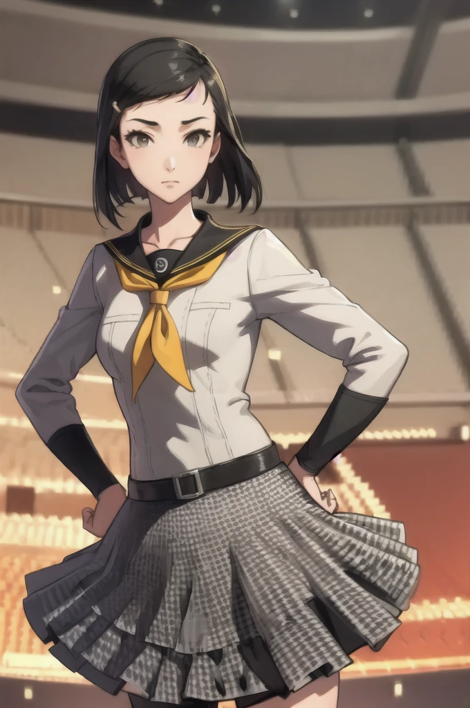 masterpiece, best quality, 1girl, solo, auditorium, stage, cowboy shot, hands on hips
 yumip4, , serafuku, grey skirt, houndstooth