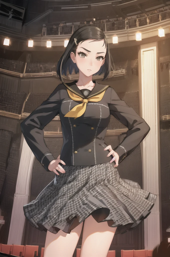 masterpiece, best quality, 1girl, solo, auditorium, stage, cowboy shot, hands on hips
 yumip4, , serafuku, grey skirt, houndstooth