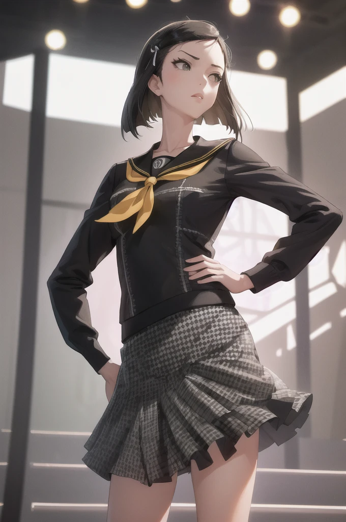 masterpiece, best quality, 1girl, solo, auditorium, stage, cowboy shot, hands on hips
 yumip4, , serafuku, grey skirt, houndstooth