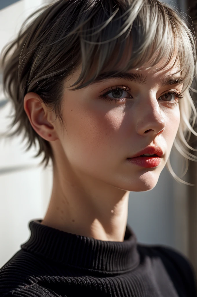 Instagram Photos, French woman, 21 years old, square hair cut,Gray hair, Close-up portrait, sweater, Neckline, pale, Sharp Shadow