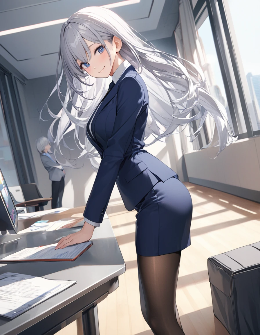 8K, Highest quality, masterpiece, Wallpapers by Unity 8K, office、(One Girl) , 17 years old、 Perfect detail, (Best lighting) , (Very intricate detail)、Big eyes、masterpieceサイドライト、(((Silver Hair))),(Her hair color is a blue-gray gradient), Semi-long hair, Very detailed, ,Larger breasts、office lady,  {Navy blue business suit、white business shirt, Navy blue pencil skirt、 pantyhose}, officeのロビー、from side,View here、smile