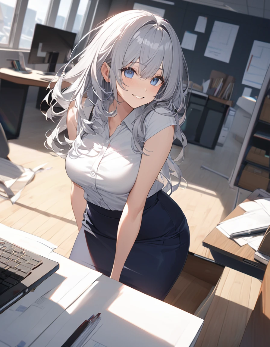 8K, Highest quality, masterpiece, Wallpapers by Unity 8K, office、(One Girl) , 17 years old、 Perfect detail, (Best lighting) , (Very intricate detail)、Big eyes、masterpieceサイドライト、(((Silver Hair))),(Her hair color is a blue-gray gradient), Semi-long hair, Very detailed, ,Larger breasts、office lady, {Navy blue business suit、white business shirt, Navy blue pencil skirt、 pantyhose}, officeのロビー、from side,View here、smile