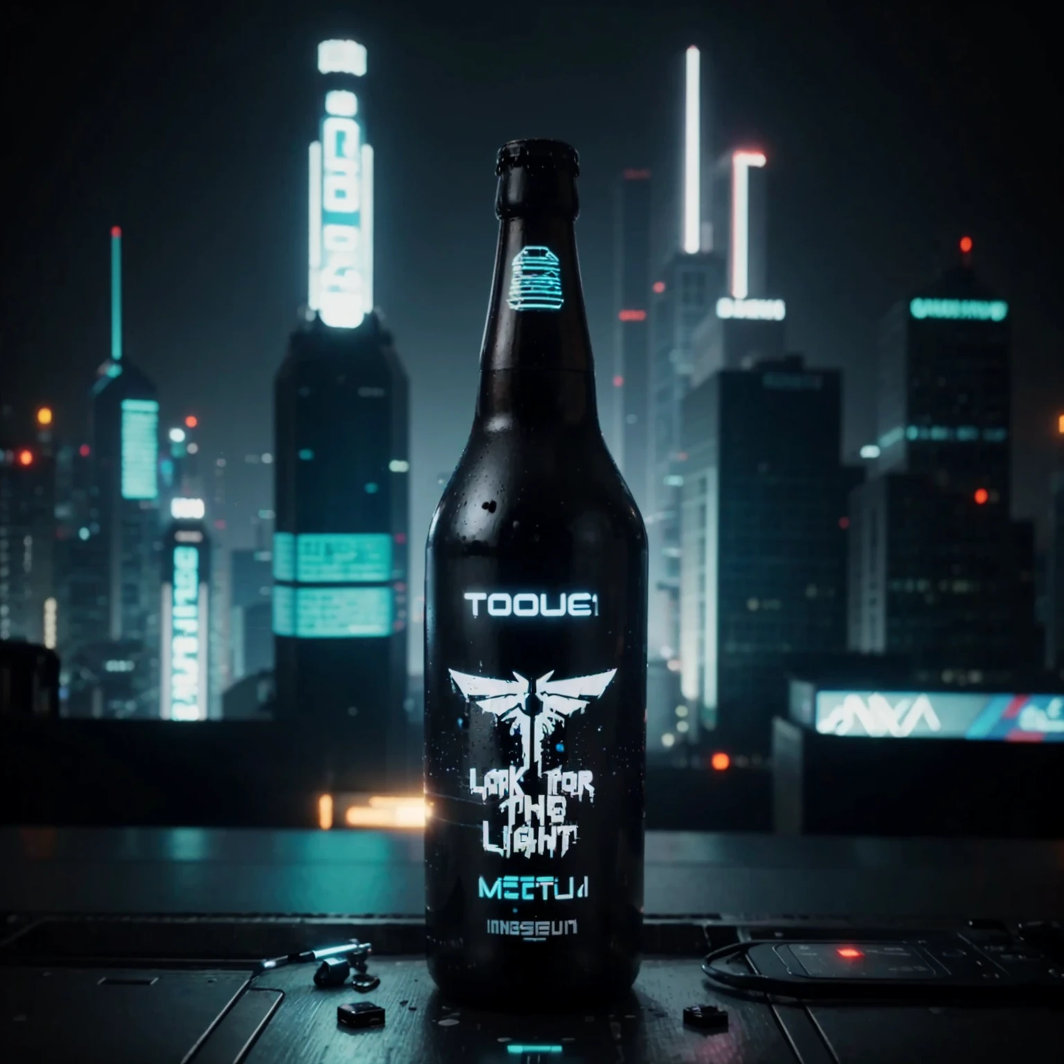 One bottle in the picture.A bottle of cyber beer presented in cyberpunk style, with characteristic elements: smooth, matte coating, decorated with bright neon luminous inserts.