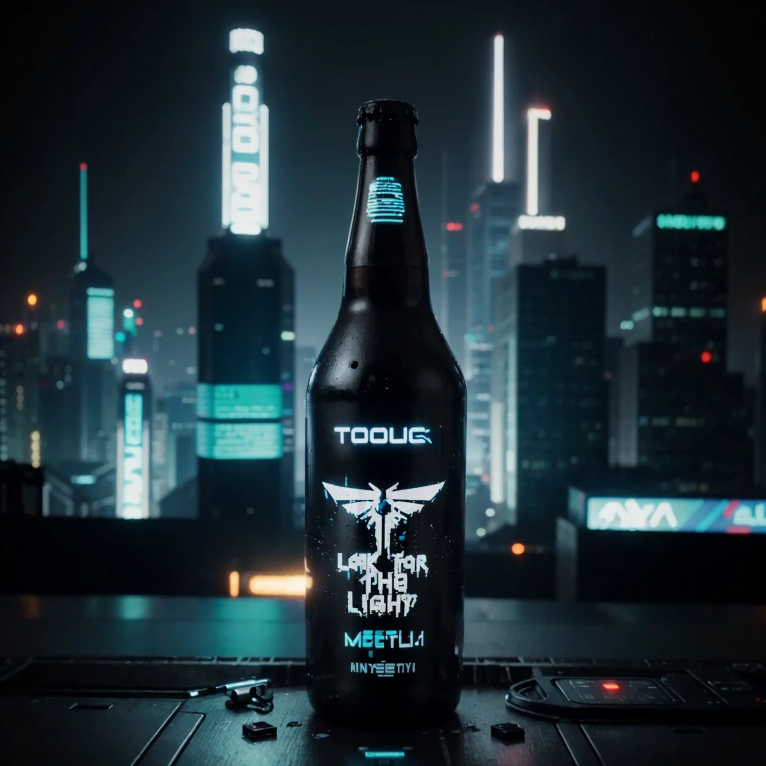One bottle in the picture.A bottle of cyber beer presented in cyberpunk style, with characteristic elements: smooth, matte coating, decorated with bright neon luminous inserts.