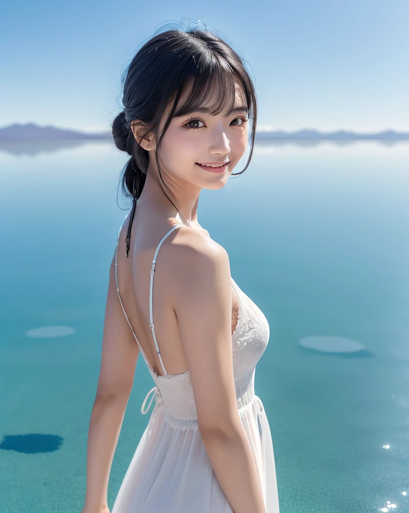 (Highest quality, 32k, High resolution, Masterpiece:1.5), marimo_jet, god々A photograph with brilliant dazzling and healing power., Evoking a sense of calm and elusive beauty, Expressing emotions, Have a rich imagination, Beautiful Japanese Girls, An exceptionally beautiful face, Small Face Beauty, , Perfect Human Anatomy, Magical big eyes, Motherhood and generosity, Deep Love, fleeting smile, Shiny black hair, A gently swaying ponytail, Asymmetrical bangs, Hair between the eyes, Transparent, soft white skin, Sharp eyebrows, Thin lashes, ((Natural Makeup:1.3)), White dress, High resolutionの完璧な鎖骨, High resolutionの美しい胸元, Slim figure with ample breasts, High resolutionの美しい太もも, ((Distant Horizon:1.5)), ((Salar de Uyuni stretches to the horizon:1.3)), ((The water surface reflects the sky like a mirror:1.5)), Beautiful detailed blue sky, Professional photographer, Professional Lighting, Professional models