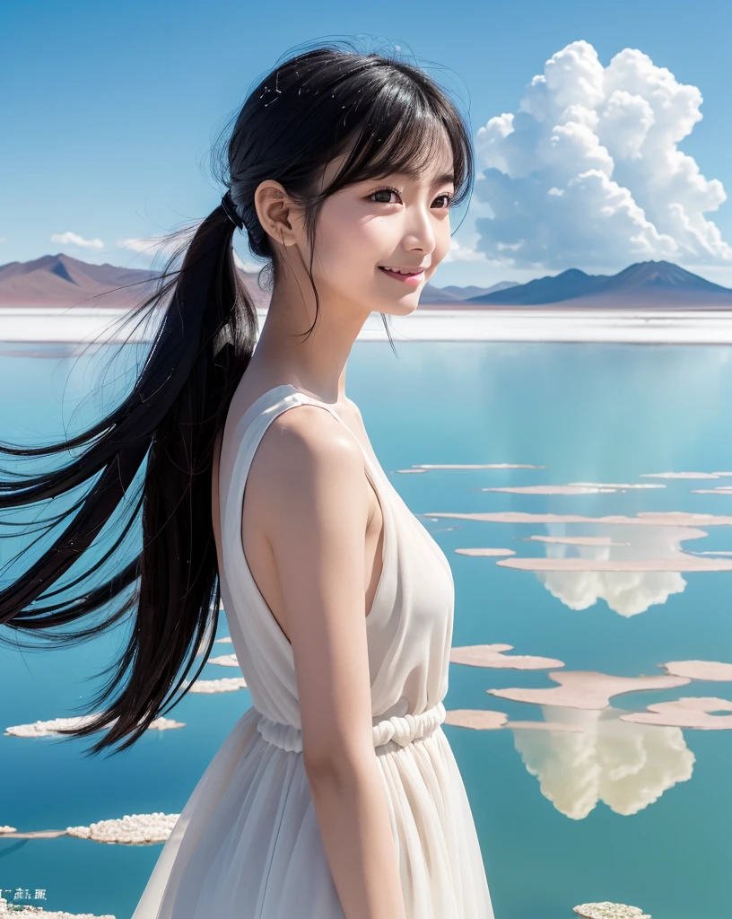 (Highest quality, 32k, High resolution, Masterpiece:1.5), marimo_jet, god々A photograph with brilliant dazzling and healing power., Evoking a sense of calm and elusive beauty, Expressing emotions, Have a rich imagination, Beautiful Japanese Girls, An exceptionally beautiful face, Small Face Beauty, , Perfect Human Anatomy, Magical big eyes, Motherhood and generosity, Deep Love, fleeting smile, Shiny black hair, A gently swaying ponytail, Asymmetrical bangs, Hair between the eyes, Transparent, soft white skin, Sharp eyebrows, Thin lashes, ((Natural Makeup:1.3)), White dress, High resolutionの完璧な鎖骨, High resolutionの美しい胸元, Slim figure with ample breasts, High resolutionの美しい太もも, ((Distant Horizon:1.5)), ((Salar de Uyuni stretches to the horizon:1.3)), ((The water surface reflects the sky like a mirror:1.5)), Beautiful detailed blue sky, Professional photographer, Professional Lighting, Professional models
