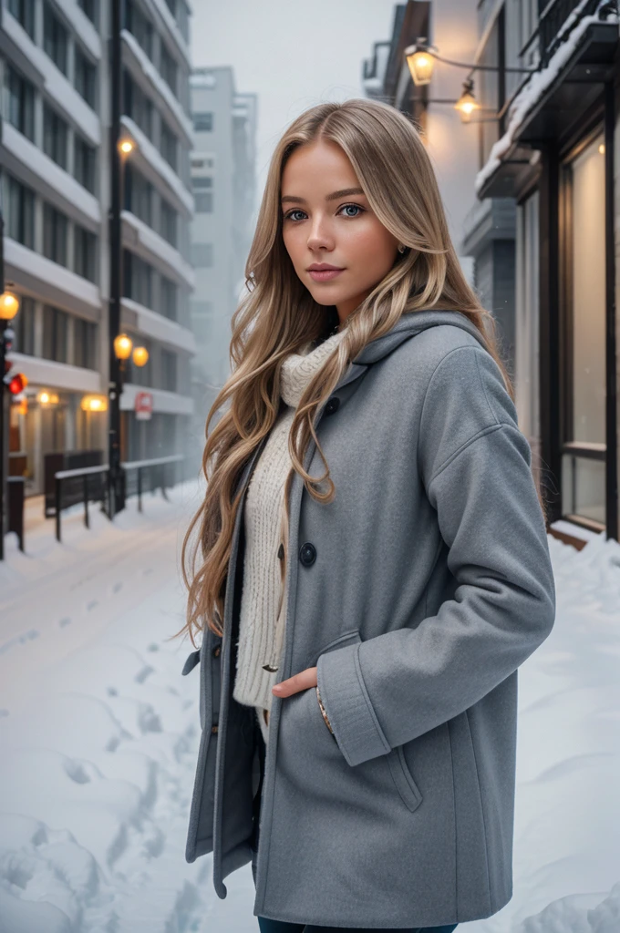 professional portrait photograph of a gorgeous Norwegian girl in winter clothing with long wavy blonde hair, sultry flirty look, gorgeous symmetrical face, cute natural makeup, wearing elegant warm winter fashion clothing, ((standing outside in snowy city street)), stunning modern urban environment, ultra realistic, concept art, elegant, highly detailed, intricate, sharp focus, depth of field, f/1. 8, 85mm, medium shot, mid shot, (((professionally color graded))), bright soft diffused light, (volumetric fog), trending on instagram, hdr 4k, 8k