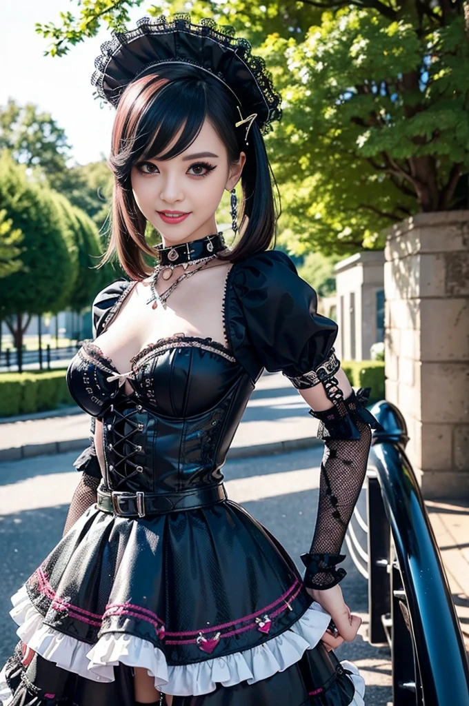 sexy stylish female model, only 1 female, ((doll-like appearance)), long dramatic stylish hair, ((shiny Punk-Style boots)), (smiling face), ultra detailed eyes, long lashes, eyeliner, ultra detailed eye-shadow, lip-gloss, ((sexy Punk ta cosplay)), unconventional skirt, petticoats, high neckline, ((ultra detailed lace)), ((ultra detailed embroidery)), intricate details, tartan patterns, Punk Loliccessoires, Punk Lolita cr, ((large sparkling Punk Lolita jewel, cinematic light, detailed large park background with trees