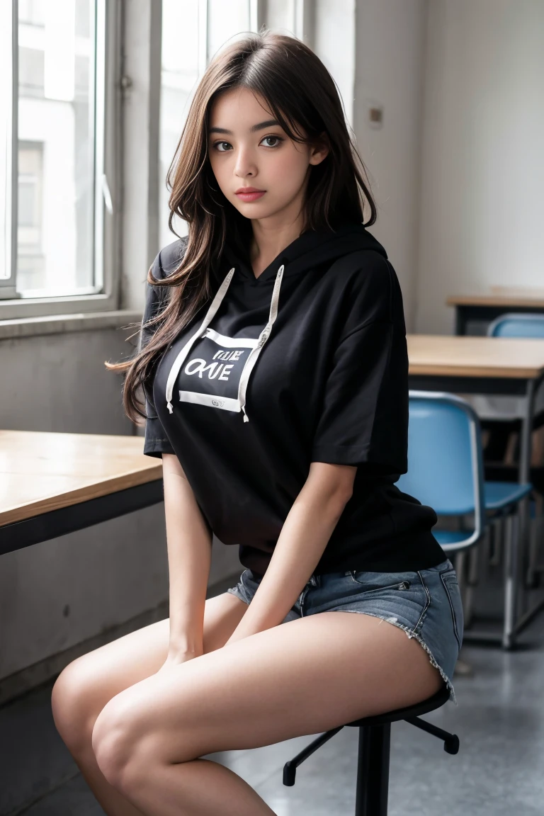 une femme de 18 ans sexy et mince , black short sleeve hoodie , salle de classe, se touche,position sey,sensuel