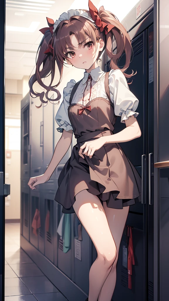 (highest quality, 8K, masterpiece, best image quality,  ultra hd, delicate and smooth skin, real looking skin, perfect and beautiful face ,perfect and cute face, high detail skin, perfect limbs、thin waist、thin legs)、NSFW、grumpy face、twin tails、brown hair、red ribbon、(Maid clothes)、locker room、