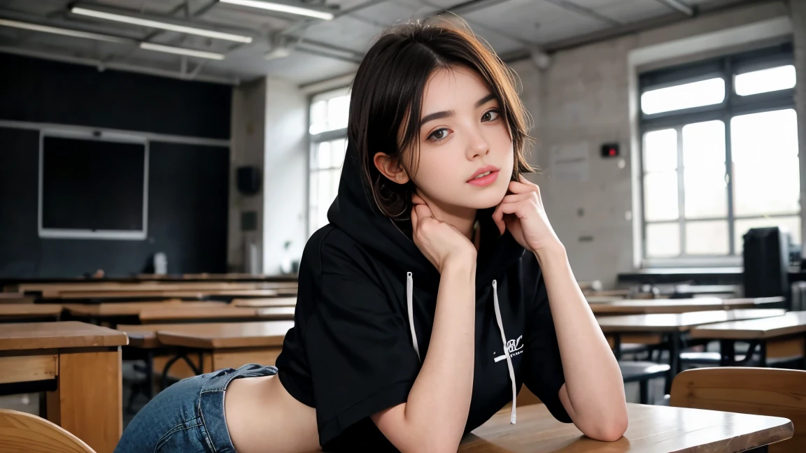 une femme de 18 ans sexy et mince , black short sleeve hoodie , salle de classe, se touche,position sey,sensuel