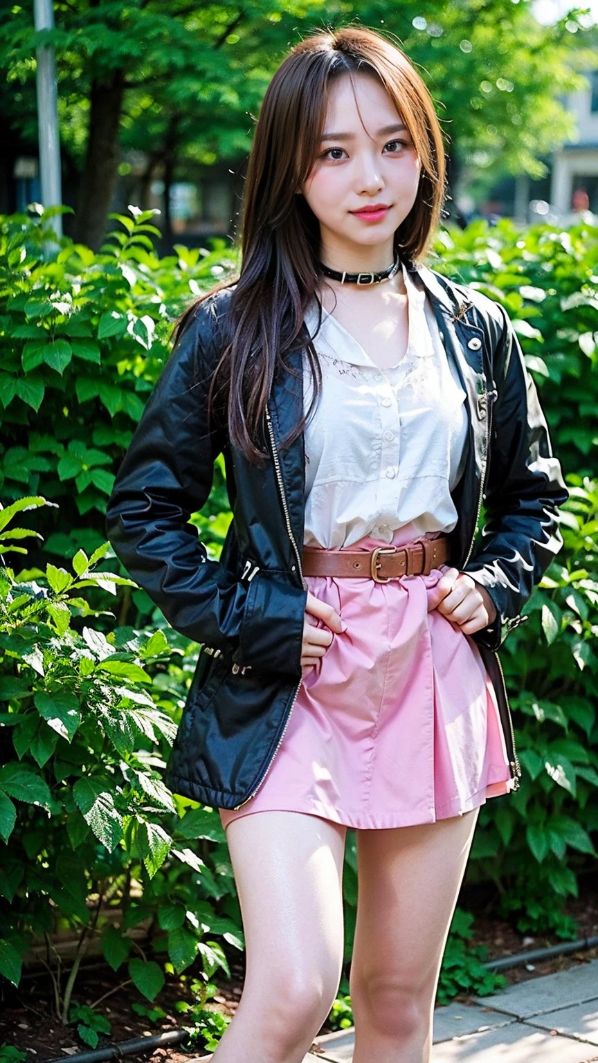 (8K、RAW Photos、Highest quality、masterpiece:1.2)、(Realistic、Realistic)、1 Girl、((mini skirt、Black and Pink、Thin legs、whole body、boots、Black coat、one piece、garden、smile、View from the front、Ribbon on chest、Looking into the camera、belt、Stand with hands on hips))、