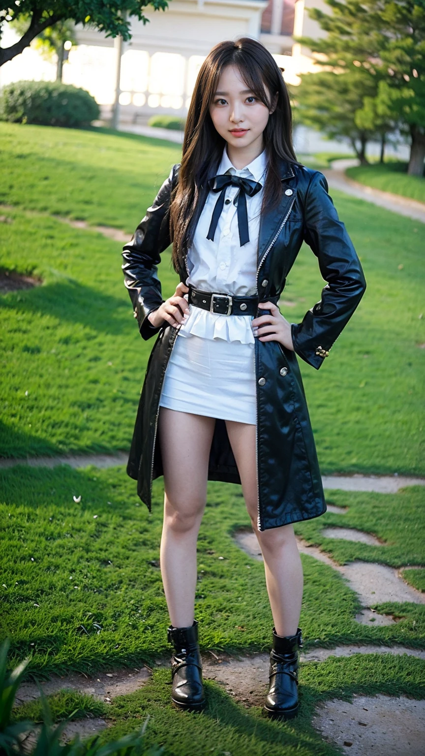 (8K、RAW Photos、Highest quality、masterpiece:1.2)、(Realistic、Realistic)、1 Girl、((mini skirt、Black and Pink、Thin legs、whole body、boots、Black coat、one piece、garden、smile、View from the front、Ribbon on chest、Looking into the camera、belt、Stand with hands on hips))、