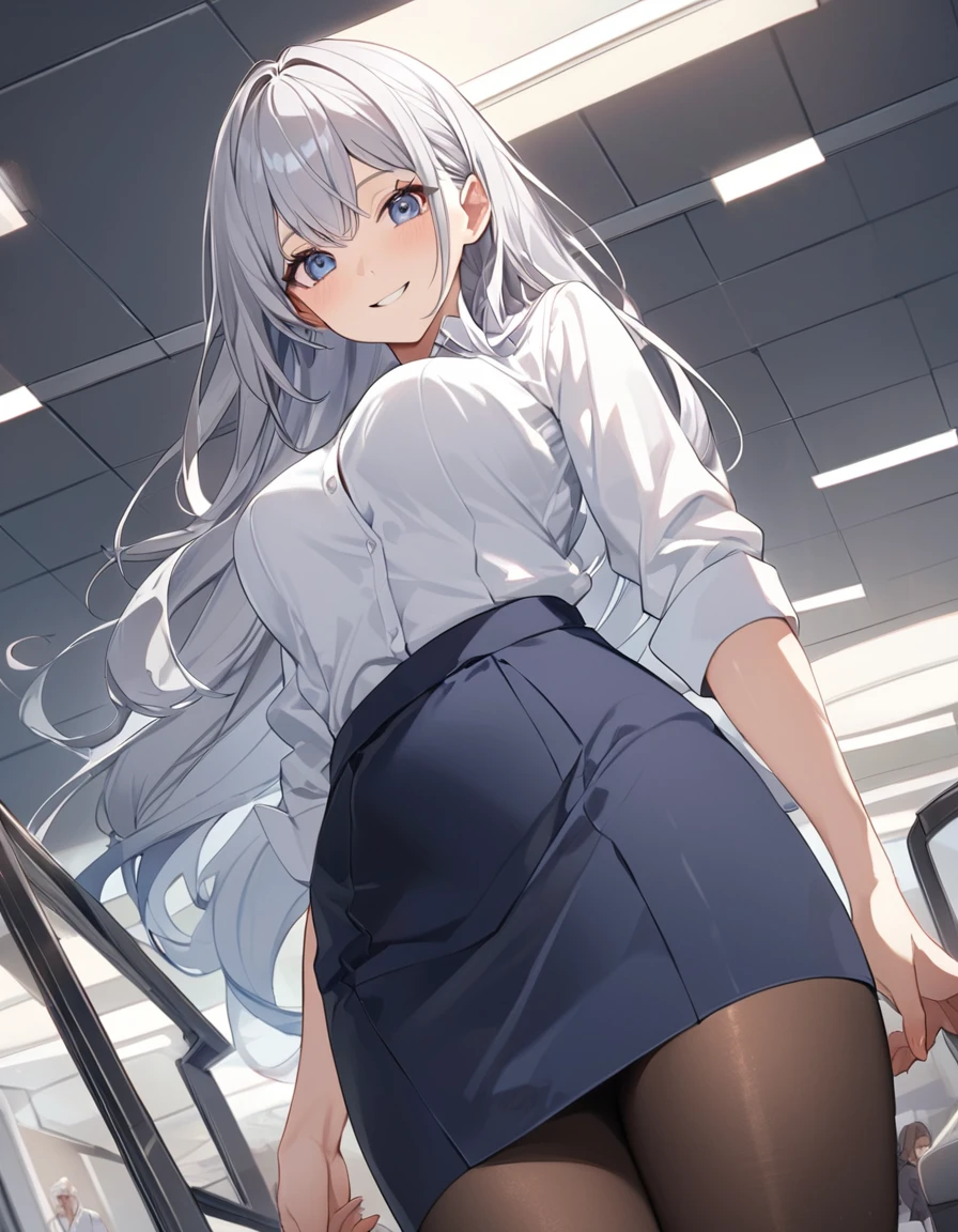8K, Highest quality, masterpiece, Wallpapers by Unity 8K, office、(One Girl) , 17 years old、 Perfect detail, (Best lighting) , (Very intricate detail)、Big eyes、masterpieceサイドライト、(((Silver Hair))),(Her hair color is a blue-gray gradient), Semi-long hair, Very detailed, ,Larger breasts、office lady, {Navy blue business suit、white business shirt, Navy blue pencil skirt、 pantyhose}, officeのロビー、from below, View here、smile