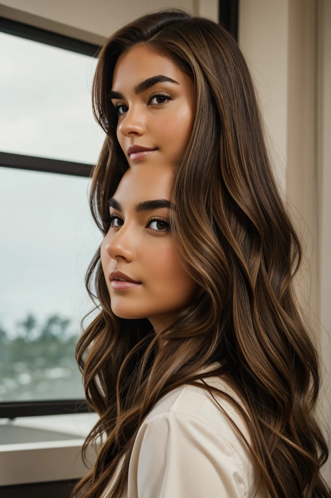 Girl with long light brown hair and brown eyes and profiled face with curved eyebrows