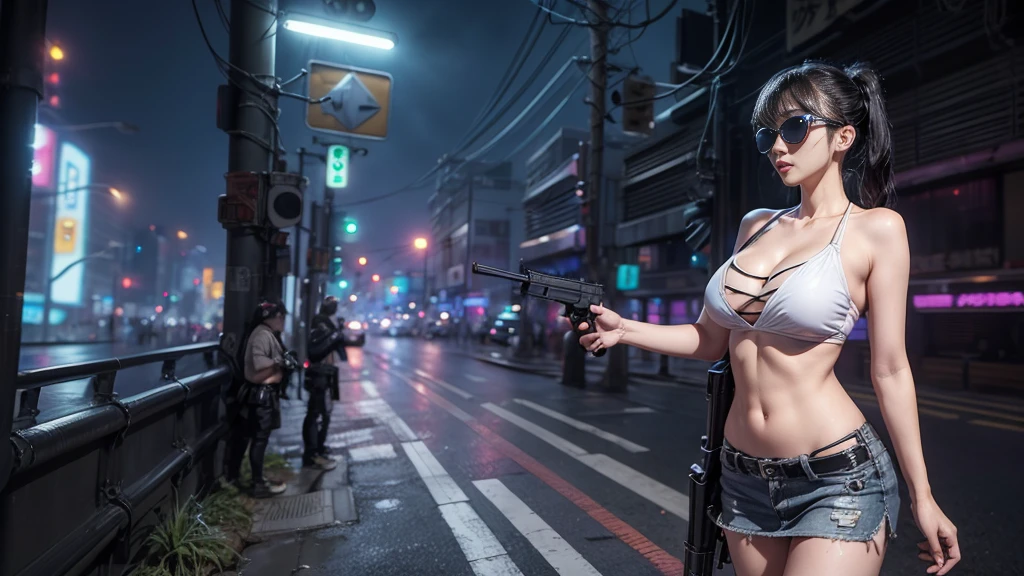 8k, Realistic Skin Texture, Realistic Photo, Neo Tokyo, slim Japanese women, large-breast:1.3 cleavage:1.2, AD2050 at night, Dirty hunting jacket, Wearing tube top, miniskirt, (((black sunglasses, automatic rifle, sneakers, cold, shooting pose, low angle view))), Innovative composition, revenge, cyberpunk, blade runner worldview, Large neon sign, Geisha hologram sign, Strong Wakamoto Sign.