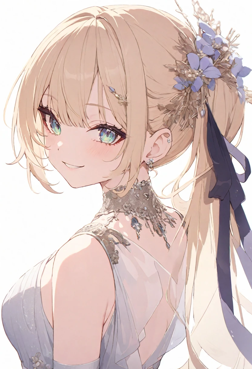 (muste piece), (best quality), very detailed eyes, expressive eyes, perfect face, very detailed face, highly detailed face, beautiful girl, 8K, beautiful girl, white background, delicate and beautiful face and eyes, dark intense shadow, 
1 girl, vtuber style, cool girl, ho****ve, ShigureUI-PXL, blond hair, see-through:evening dress, small chest, cropped shoulders, clavicle from behind, looking back, smile, (whole body), standing,