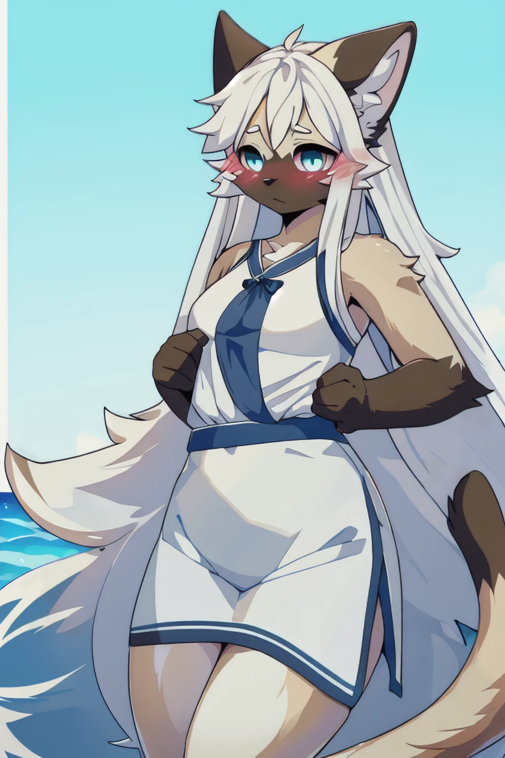 Beach background, high resolution, 4K, masterpiece, high-quality, artistic, 19-year-old, (Siamese cat), female, (full body: 1.4, posture: 1.2), cat Furry, (blooming girl: 1.2), furry, (blushing: 1.3, long hair: 1:2), (quiet, gentle), (national beauty and heavenly fragrance, body size 1:5, slender ears: 1.3, cat tail: 1.3), (blue and white porcelain cheongsam 1:3, B-cover: 1.4), (black ears: 1.2, black brown face: 1.2, white back: 1.2), (black ears: 1.2, black brown face: 1.2, white back: 1.2) Brown arms: 1.4, white chest: 1.3, white belly: 1.4, heterochromatic pupils: 1.3, brown legs: 1.2, black hands: 1.3, black feet: 1.3), delicate eyes, attention to details, detailed subject, (detailed hands: 1.3),Kent's Art