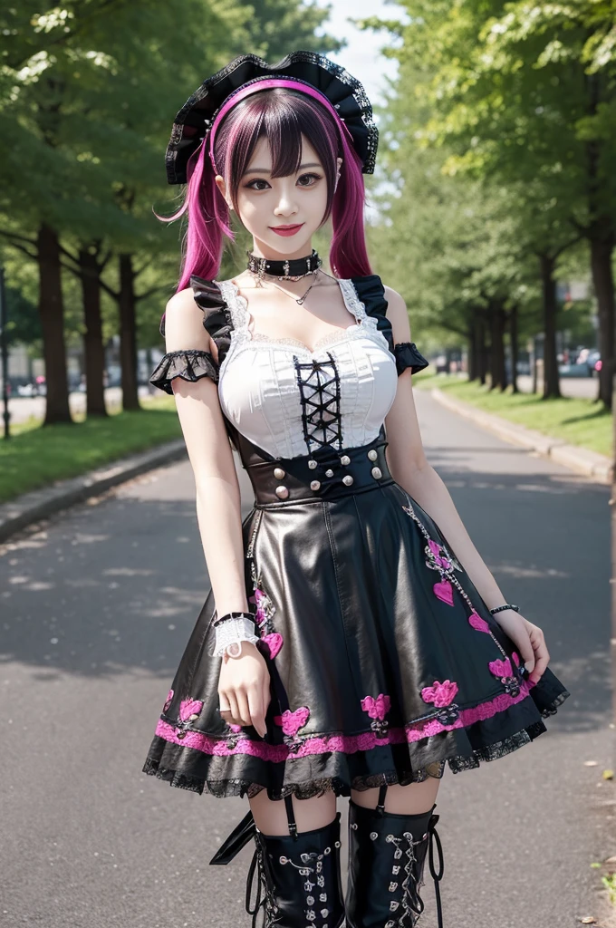sexy stylish female model, only 1 female, ((doll-like appearance)), long dramatic stylish hair, ((shiny Punk-Style boots)), (smiling face), ultra detailed eyes, long lashes, eyeliner, ultra detailed eye-shadow, lip-gloss, ((sexy Punk Lolita cosplay)), unconventional skirt, petticoats, high neckline, ((ultra detailed lace)), ((ultra detailed embroidery)), intricate details, tartan patterns, Punk Lolita accessoires, Punk Lolita choker, ((large sparkling Punk Lolita jewelry)), cinematic light, detailed large park background with trees