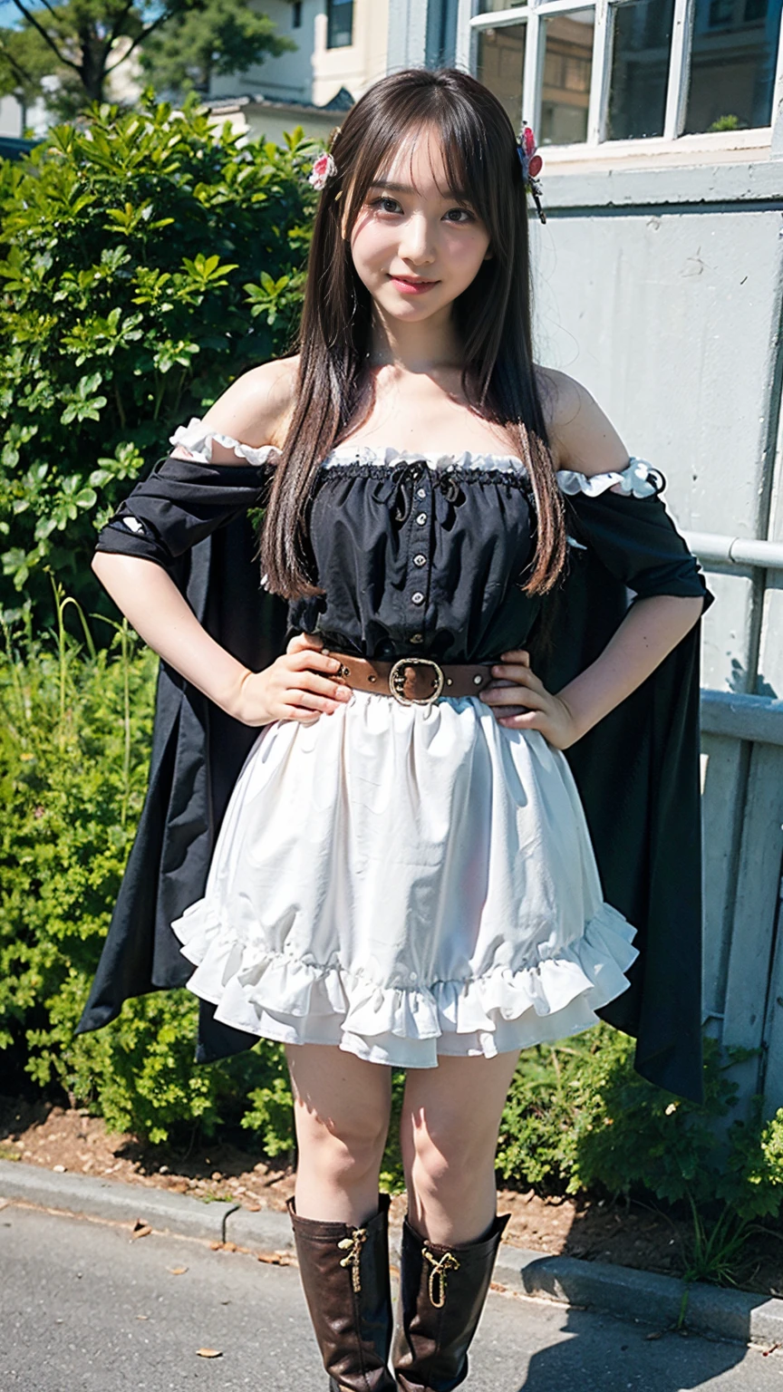 (8K、RAW Photos、Highest quality、masterpiece:1.2)、(Realistic、Realistic)、1 Girl、((mini skirt、Black and Pink、Thin legs、whole body、boots、Clothes with ribbons、Feathery Cape、Anime Costumes、Chest ribbon、Off the shoulder、See-through、Frills、garden、smile、View from the front、Ribbon on chest、Looking into the camera、belt、Stand with hands on hips))、