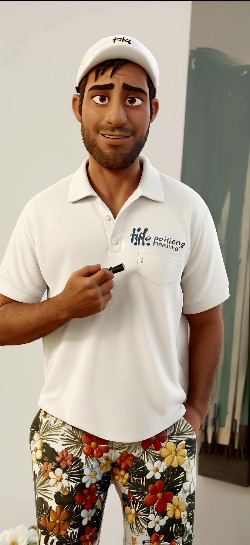 arafed man in a white shirt and floral shorts aiming at something, painting-like profissional, High quality painting, wearing polo shirt, painting-like, holding a brush in his hand, sore, wearing a shirt, holding a brush, hand painted, Painitng, aiming, finely painted, award-winning painter, hand painted, hand painted