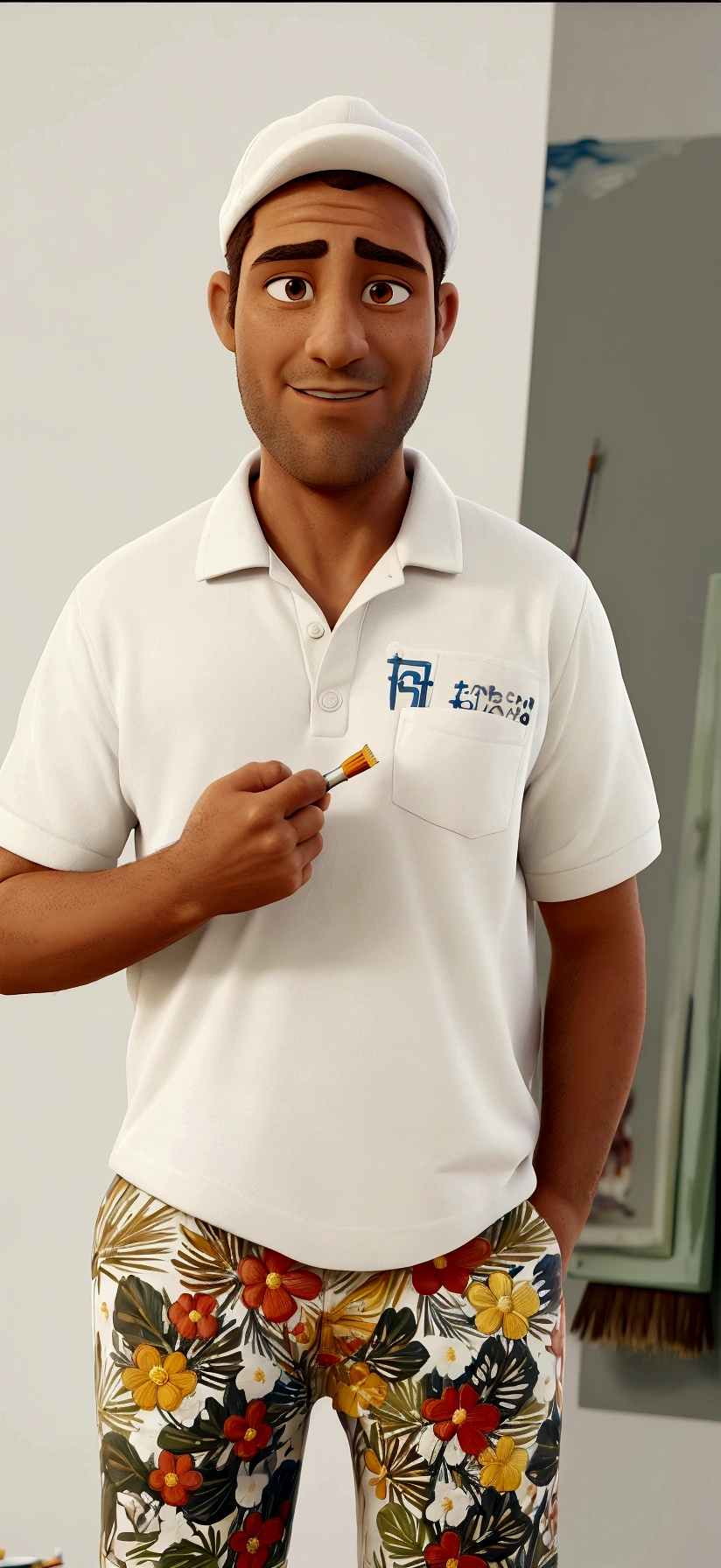 arafed man in a white shirt and floral shorts aiming at something, painting-like profissional, High quality painting, wearing polo shirt, painting-like, holding a brush in his hand, sore, wearing a shirt, holding a brush, hand painted, Painitng, aiming, finely painted, award-winning painter, hand painted, hand painted