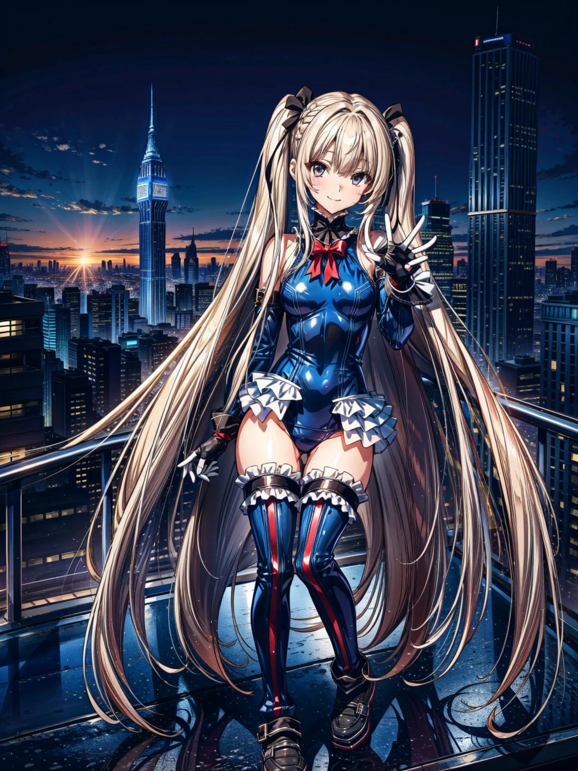 finest masterpiece, Super detailed, Highest quality, Sharp focus, 12k, ultra hi resolution picture, big ,12k,Perfect Anatomy, Highest quality, Marie Rose,Wicked Smile,Provocative attitude
,,Wicked Smile,Anime Style,(Frilled swimsuit, Knee socks, Removed sleeve), (Anime Style:1.4) ,
,(White fingers:1.1,Black gloves),
Hollow Eyes,,One Girl、(Futuristic cityscape),,(Very long hair:1.6),(whole body:1.3),
