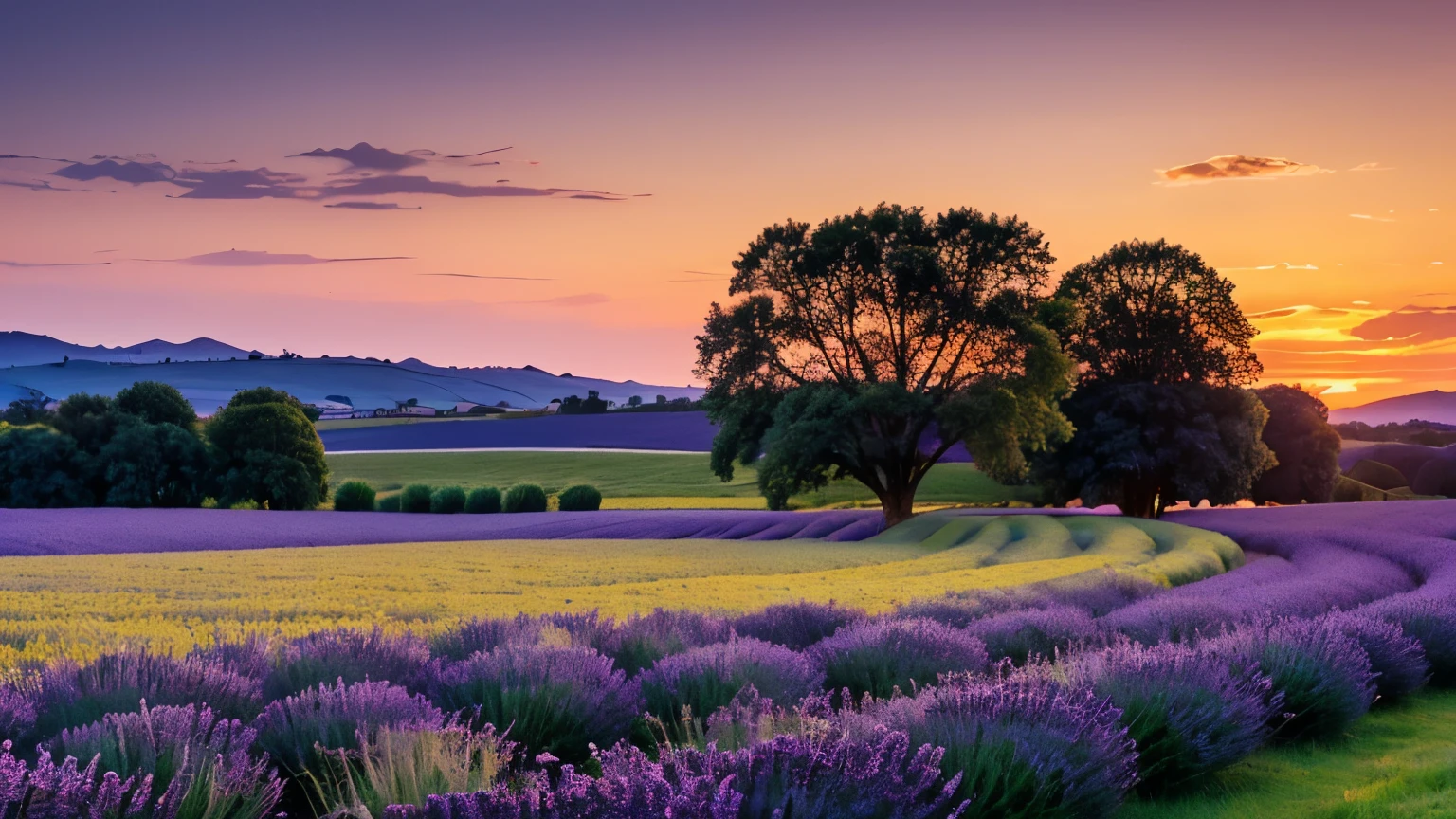 A tranquil field at sunset, where rows of lavender glow with the last light of day. The sky above transitions from warm oranges and pinks to deep purples and blues, casting a serene and peaceful atmosphere over the rural landscape.