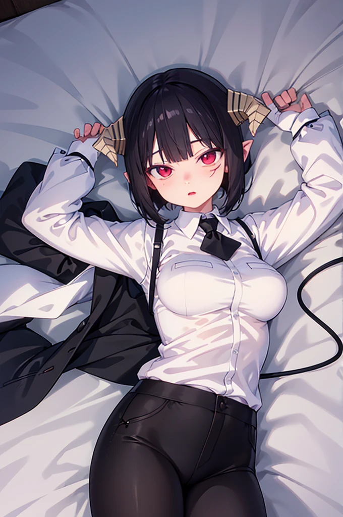 work of art, best qualityer, high resolution, 1girl horns short hair demon tail, white shirt black ascot black gloves black pants black vest lying on your back, sheet, arms up