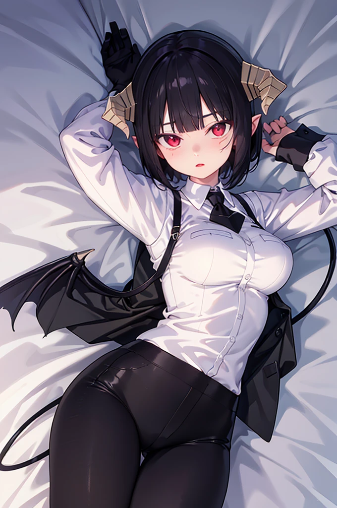 work of art, best qualityer, high resolution, 1girl horns short hair demon tail, white shirt black ascot black gloves black pants black vest lying on your back, sheet, arms up