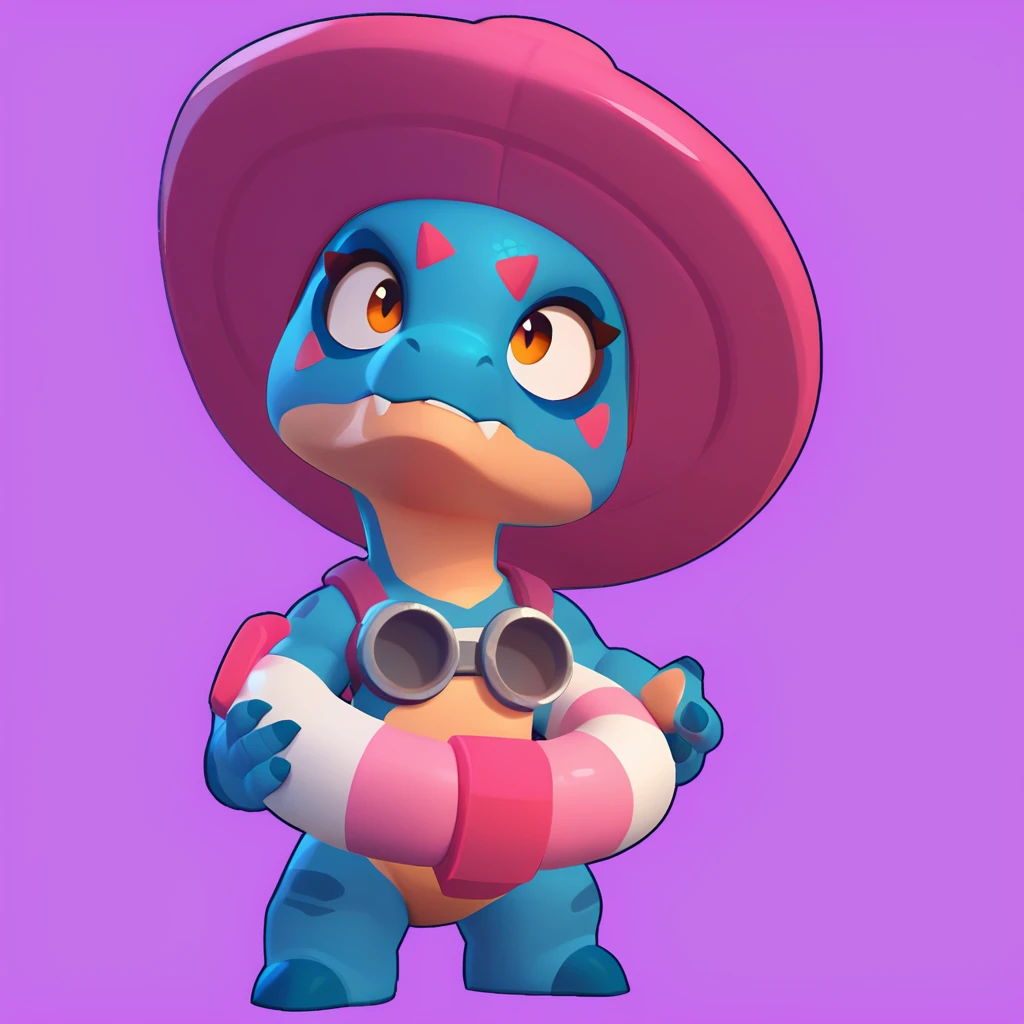 full view of a dinosaur, female, dark blue skin, friendly dinosaur, having a pink and white buoy, dinosaur animal, brawl, brawl stars