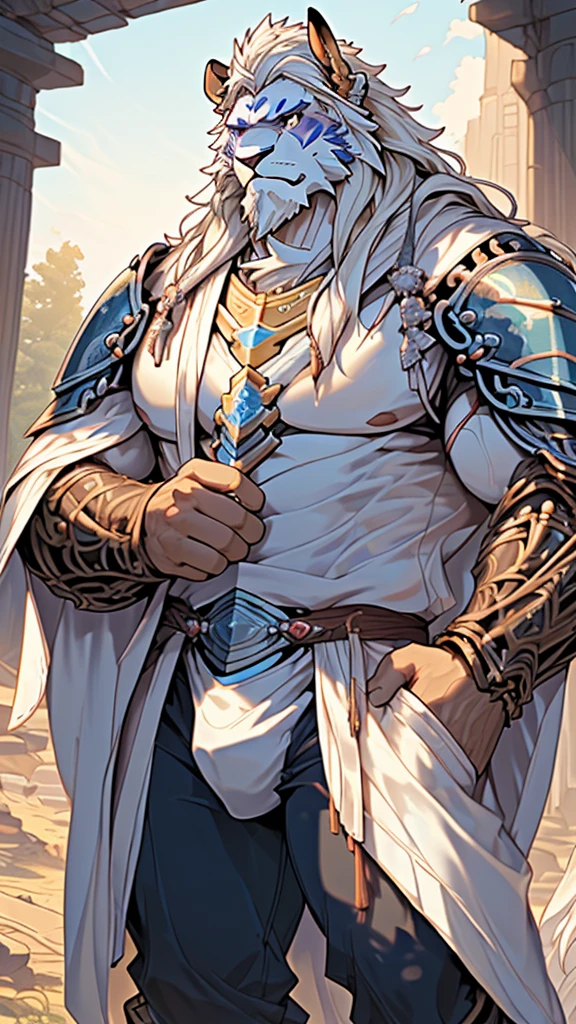 (masterpiece),(highres),(intricate details:1.4),extremely detailed,(illustration:1.2),8k,photorealistic,exquisite,,aged,elder male lion ,muscular,(brave paladin:1.7),(Ancient Greek mythological style;1.8),(loose white robe:1.6),manhood,safeguard,(white hair:1.3),long hair,long white beard,scar,(badly damaged),(sacrifice),hurt,broken body ,(bulging crotch:1.8),(homosexual),(naked upper body:1.7),(a serene face:1.9)