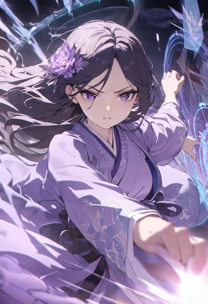 A handsome Chinese girl, Sharp eyes, Clear facial features, Wearing Hanfu, Fighting Stance, Martial Arts Action, The body is surrounded by purple mist, Surrounding Runes, Holographic Reality, Holographic Aura, Motion Blur, Game lighting effects, Rim Light, Soft Light, movie Rim Light, Exquisite lighting, masterpiece, Very detailed, Epic Composition, Ultra HD, high quality, best quality, 32k