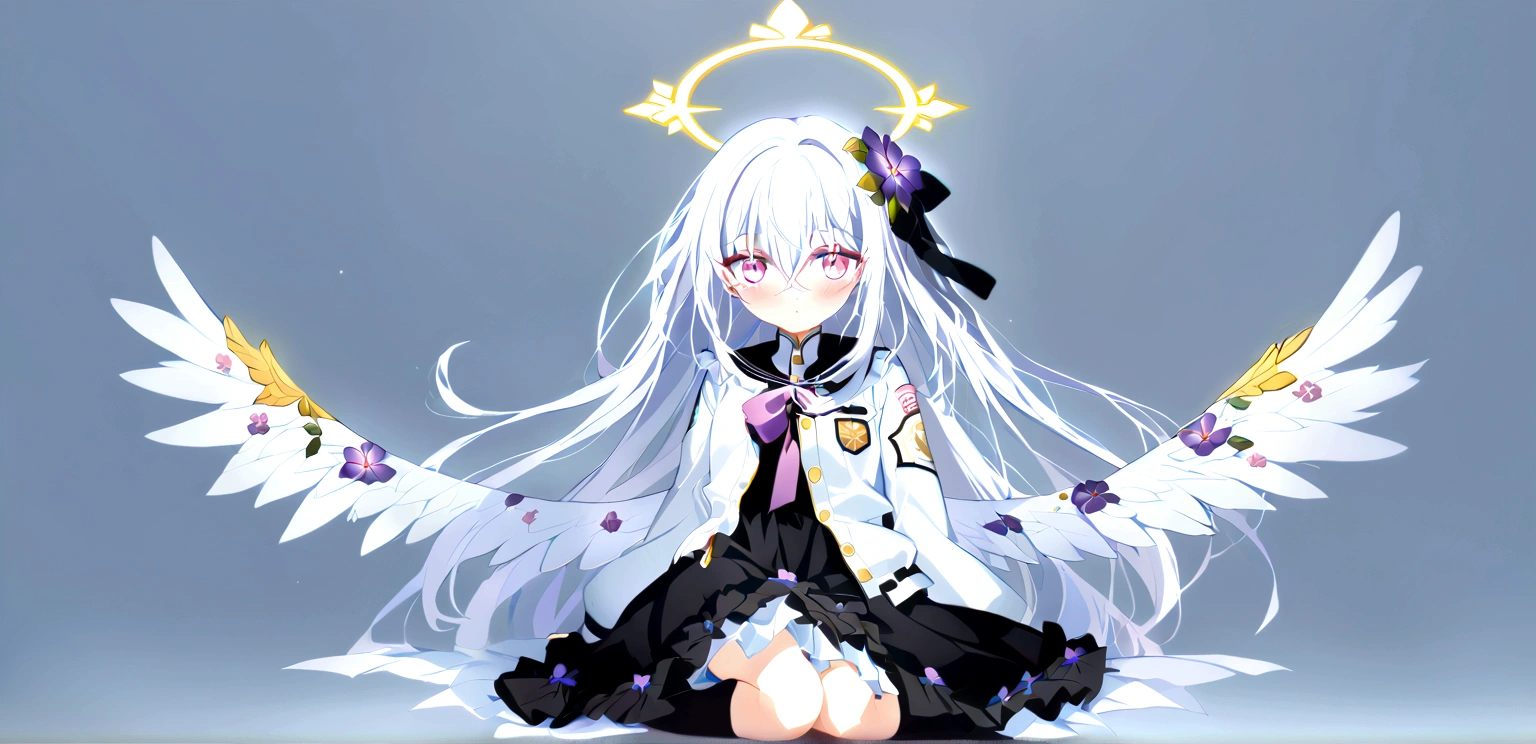 blue_archive azusa_(blue_archive) absurdres highres 1girl angel_wings black_dress black_socks blush closed_mouth dress feathered_wings flower frilled_dress frills hair_between_eyes hair_flower hair_ornament halo jacket long_hair long_sleeves looking_at_viewer open_clothes open_jacket pink_eyes purple_flower simple_background socks solo white_background white_hair white_jacket white_wings wings yellow_halo