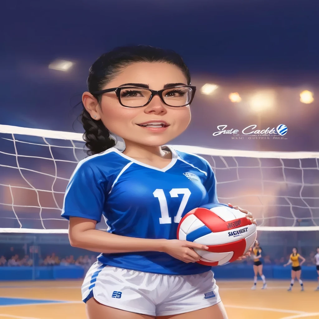 there is a woman holding a volleyball ball in front of a net, wearing a volleyball jersey, Cartoon illustration, Cartoon, Cartoonl, Cartoon style, in cartoon style, cartoon portrait, Cartoon, volleyball, realistic cartoon, Cartoon!!!, profile picture, carla ortiz, Volleyball court background, roxie vizcarra, digital art. @mariomaniacdude