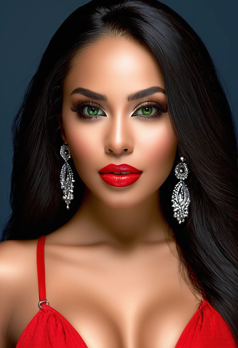 Woman in red lingerie posing for photo. fine details in everything, a beautiful woman, beautiful Latin face, Brazilian supermodel, stunning beauty, stunning, Angolan descent, most beautiful woman in the world, jaw-dropping beauty, young adult 30 years old, She has an exotic beauty, native Brazilian , tall woman, a stunning black African woman, with indigenous features, beautiful indigenous girl, ((An indigenous African girl with European ebony)), ((her beauty is undeniable)), beautiful young ebony girl with dark skin, tanned Mexican. *hair: Straight black hair, voluminous black hair, long black hair. *eyes: eyes are green and expressive, beautiful green eyes, realistic green eyes, detailed green eyes, ultra realistic, symmetrical, hyper realistic, (eyeliner, long eyelashes ), intense and penetrating look, seductive, mysterious and charming look, the look has magnetism, attraction and fascination.* Eyebrows: perfect eyebrows that arch gracefully above the eyes and are thick. * the nose is small and proportional to the face and smooth contour of the face that accentuates the high cheekbones. *Mouth: Attractive and irresistible mouth, lips are well defined, full lips, voluminous lips, seductive lips, captivating, striking, unforgettable, mischievous, sexy, her features are captivating, seductive expression, a seductive smile is enigmatic*Face Shape: The face is oval, with high cheekbones and a well-defined jawline, beautiful and detailed face.*Makeup: Makeup is subtle , but enhances natural features.Skin Tone: Skin is olive, with a healthy, even glow, with brown skin, brown skin, sexy girl with dark skin, detailed skin texture, Beautiful and glowing skin, intricate details, skin smooth, healthy and radiant appearance.*healthy body: slim and attractive woman, large and firm breasts, athletic body, thin waist, wide hips, big butt, thick thighs, shapely legs. Resolution: 3D 4k, high resolution, full sharpness photo realistic, breathtaking, Lentille nette, Photographie pro